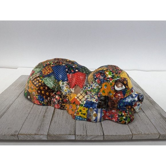 Vintage Patchwork Puppy Dog Decoupage Doorstop Statue Quilted Chalkware 13 1/2" - Picture 4 of 6